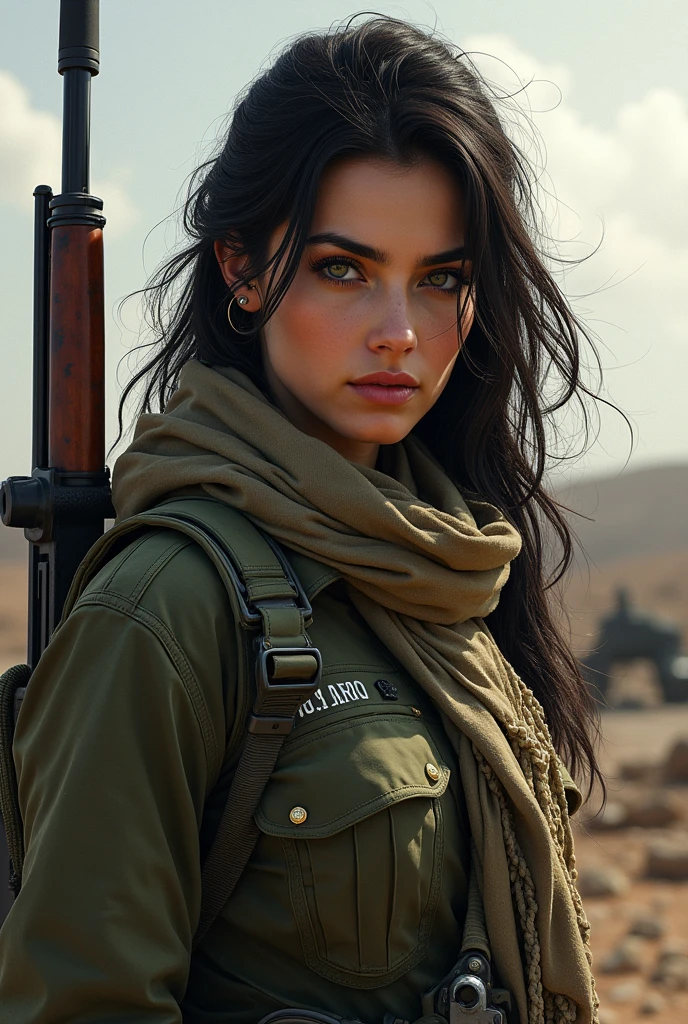 1 women, (Irani soldiers), soldier uniform, detailed lines, gorgeous face, upscale:4x, gun, scarf in neck, medium boobs, war background, 