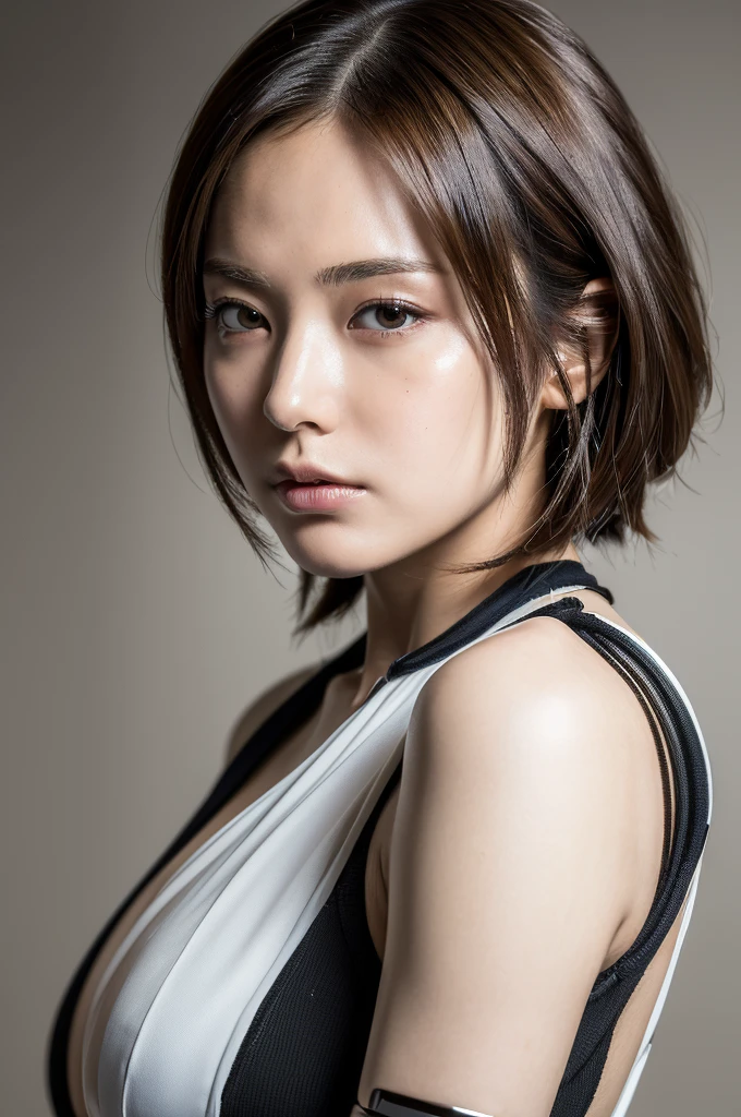 (masterpiece,best quality:1.4),(8k,raw photo,photo realistic:1.2),perfect anatomy,shiny skin,detailed skin,detailed face,detailed eyes, (white and black:1.2), (full body), mechanized cyborg japanese girl,, puffy face, broad jawline, light brown bob hair, cyberpunk, (Wide view from bottom)