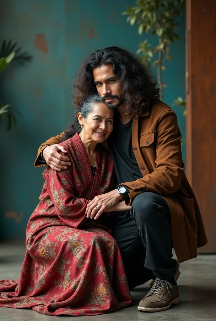 Photography of a 20 year old Asian guy with long curly hair wearing a cool jacket, trousers and shoes, hugging a 40 year old Indonesian woman sitting wearing a cool kebaya with a cool background.