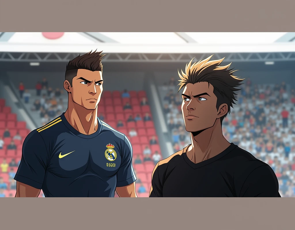 make me a picture of Cristiano ronaldo vs youtuber mr.beast facing each other, with an anime style picture,