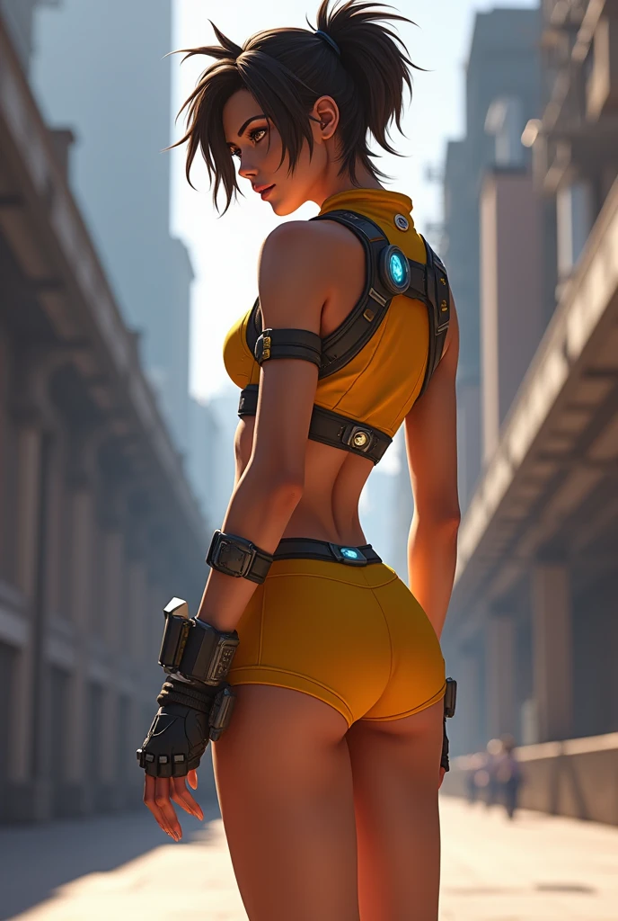 tracer from overwatch, facing away from camera, tight shorts