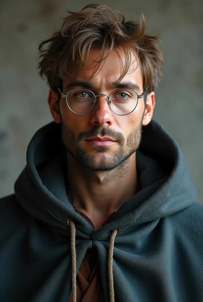 (photorealism:1.2), man with disheveled tousled short light brown hair and silver thin round glasses in a long wizard cloak no facial hair with few brown freckles
