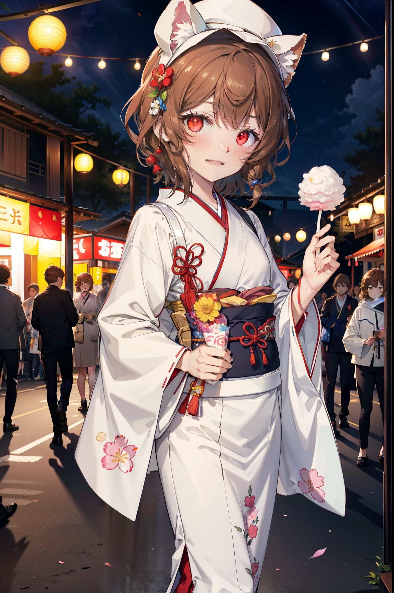 Lililukarde, (Brown eyes:1.7), Brown Hair, (Flat Chest:1.2), short hair,smile,blush,Open your mouth,night,Brown kimono,mini skirt,He is holding cotton candy in his right hand and a clear bag full of cotton candy in his left hand.,Japanese Festivals,Summer festival food stalls,Red lantern,whole bodyがイラストに入るように,
break looking at viewer,whole body, (Cowboy Shot:1. 5),
break outdoors, Veranda,
break (masterpiece:1.2), Highest quality, High resolution, unity 8k wallpaper, (figure:0.8), (Beautiful attention to detail:1.6), Highly detailed face, Perfect lighting, Highly detailed CG, (Perfect hands, Perfect Anatomy),