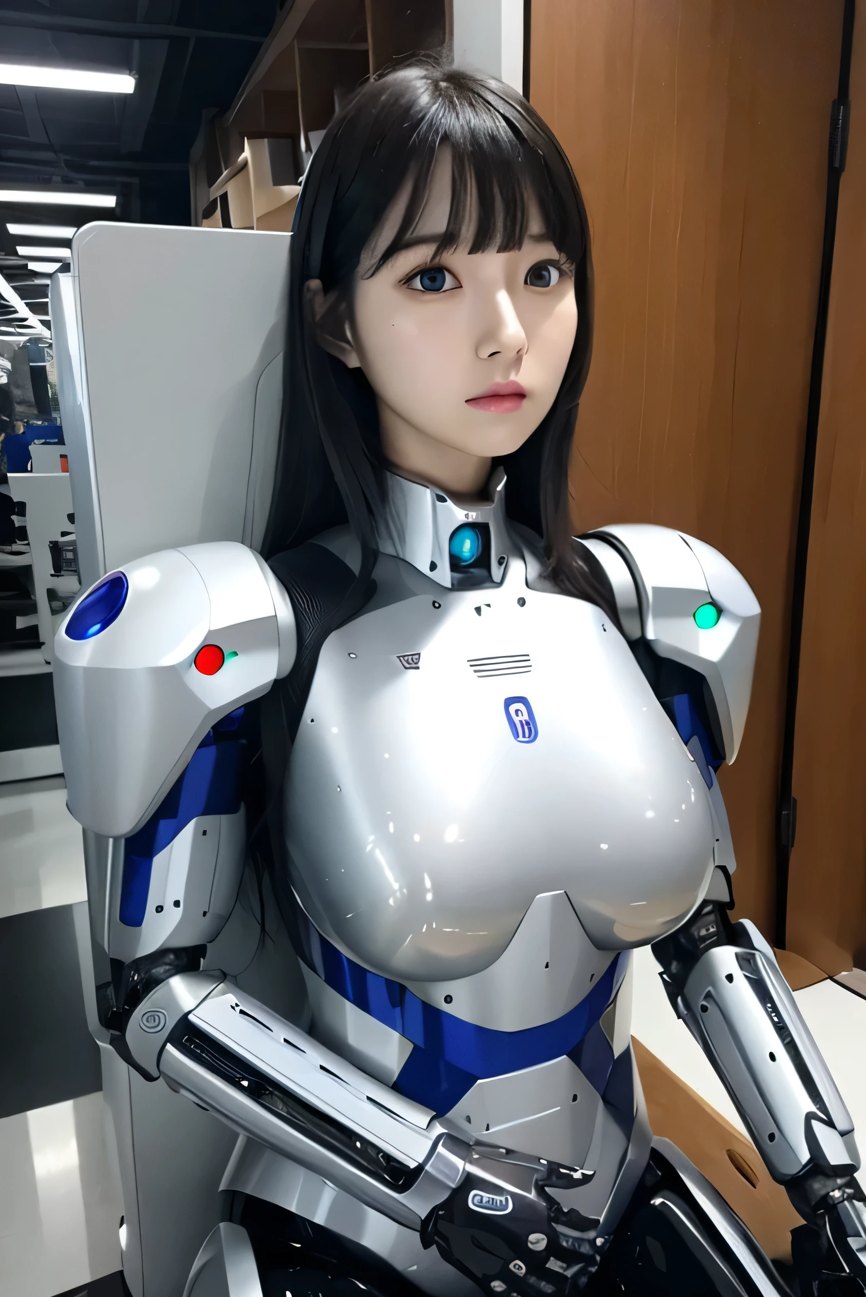 masterpiece, best quality, extremely detailed,8k portrait,Japaese android girl,Plump , control panels,android,Droid,Mechanical Hand, Robot arms and legs, Black hair,Blunt bangs,perfect robot girl,long tube,thick cable connected her neck,android,robot,humanoid,cyborg,japanese cyborg girl ,robot-assembly plant,She has assembled now,assembly scene,white robot body,blue eyes,hypnosis,blank eyes