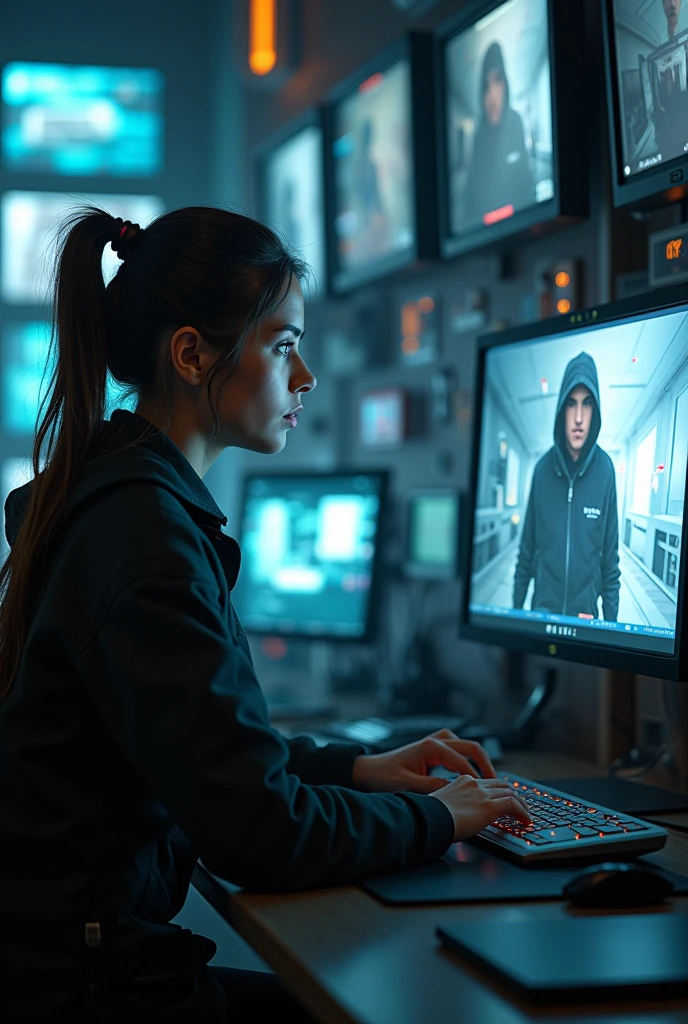 Image: A young woman in a futuristic, high-tech room, sitting at a desk covered with multiple monitors. She's intently focused on one screen, which displays a surveillance video of a man in a hoodie walking down a busy street. The man's face is obscured by the hood.

Text:

Title: Shadow Stalker
Tagline: "Hunting the unseen."
Additional notes:

The room should have a sleek, futuristic design, with lots of gadgets and screens.
The woman should have a determined expression, suggesting her dedication to tracking down the criminal.
The surveillance footage should be grainy and low-resolution, emphasizing the difficulty of identifying the man.
Consider adding elements of suspense, such as shadows, flickering lights, or a sense of impending danger.