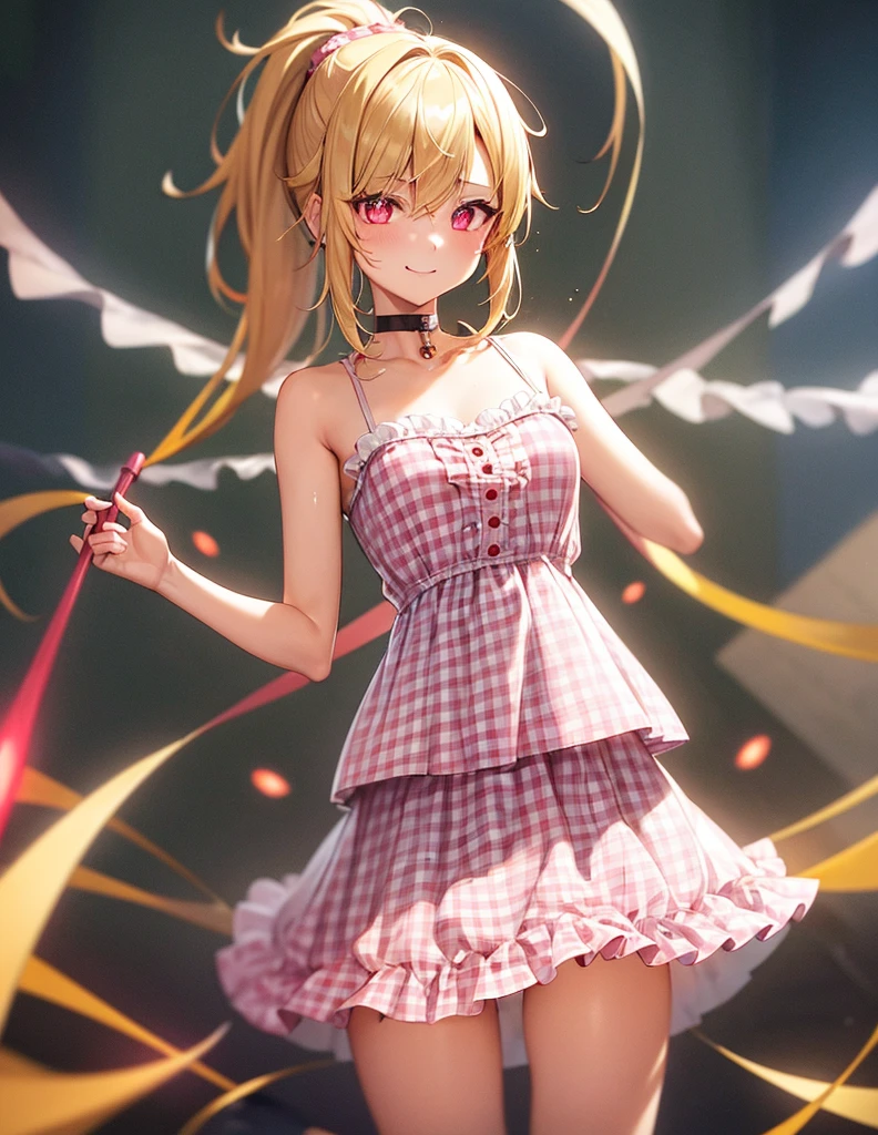1girl is standing,Sexy pretty girl,shiny gold platinum blonde hair, Bobcut,curly hair、Dog ears、Red sparkling eyes、detailed cute eyes,(glowing eyes:1.4),laugh heartily,((Droopy eyes)),small breasts,idle, (gingham dress,choker, bare arms, bare shoulders:1.3),skirt,see-through,hugging own legs,smile grimly,ponytail、extra detaild eye, beatiful pupils,red tie (extra leg:-1),pop Bar,