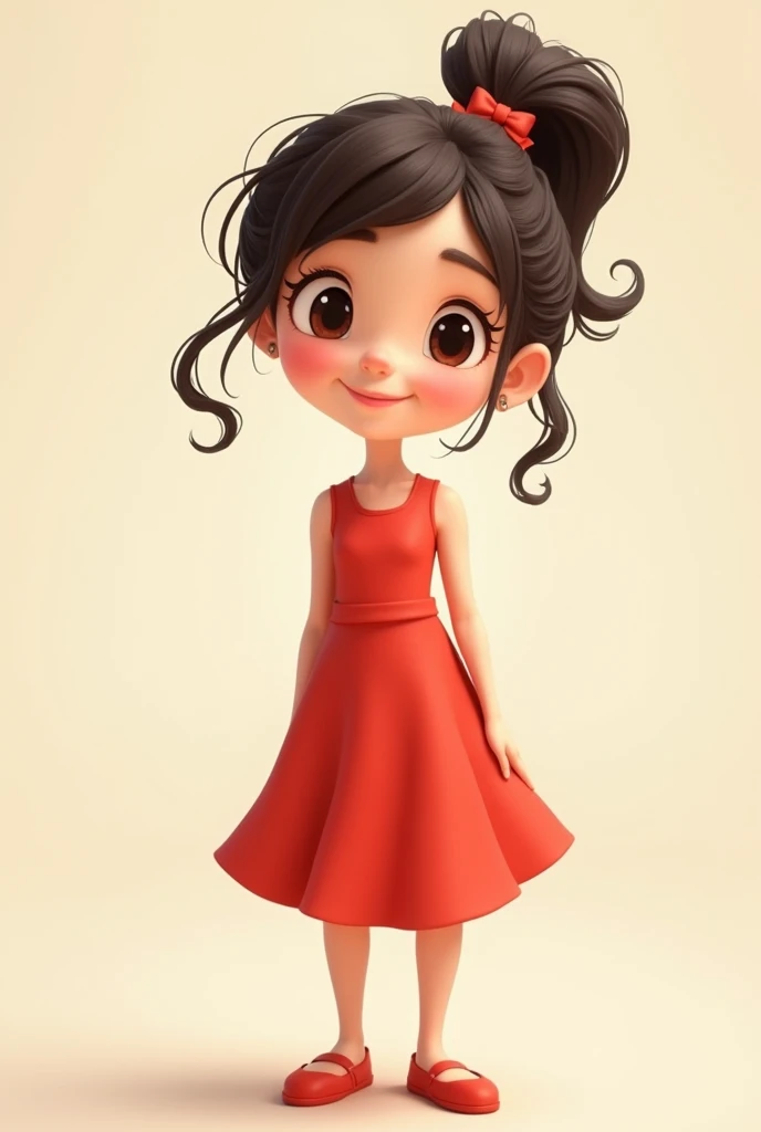 White , a cutie. Wearing red dress. A cartoon like Pixar art styles. She has ponytail. A red footwear.