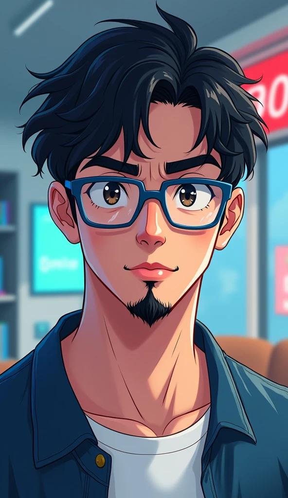 I am a man with short, black, wavy hair with an American cut., with very black eyebrows, with a round face and a little cheeks, lips a little thick, I wear blue framed glasses with square lenses. I&#39;m 2 and I like games, thin black mustache and beard. In a kind of Asian style, just the eyes, I don&#39;t wear earrings. I&#39;m a little strong and a little full.
With game themes as if it were an anime or game character