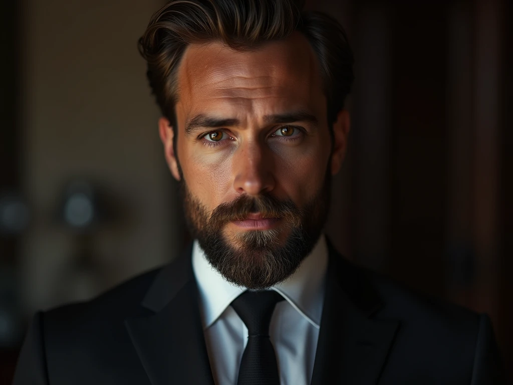 a handsome man in a suit, beautiful beard, executive sexy man, suit, front camera focus, portrait mode, perfectly straight in front of the camera, (best quality,4k,8k,highres,masterpiece:1.2),ultra-detailed,(realistic,photorealistic,photo-realistic:1.37),highly detailed facial features, extremely detailed eyes and face, long eyelashes, cinematic lighting, dramatic lighting, warm color tones, chiaroscuro lighting