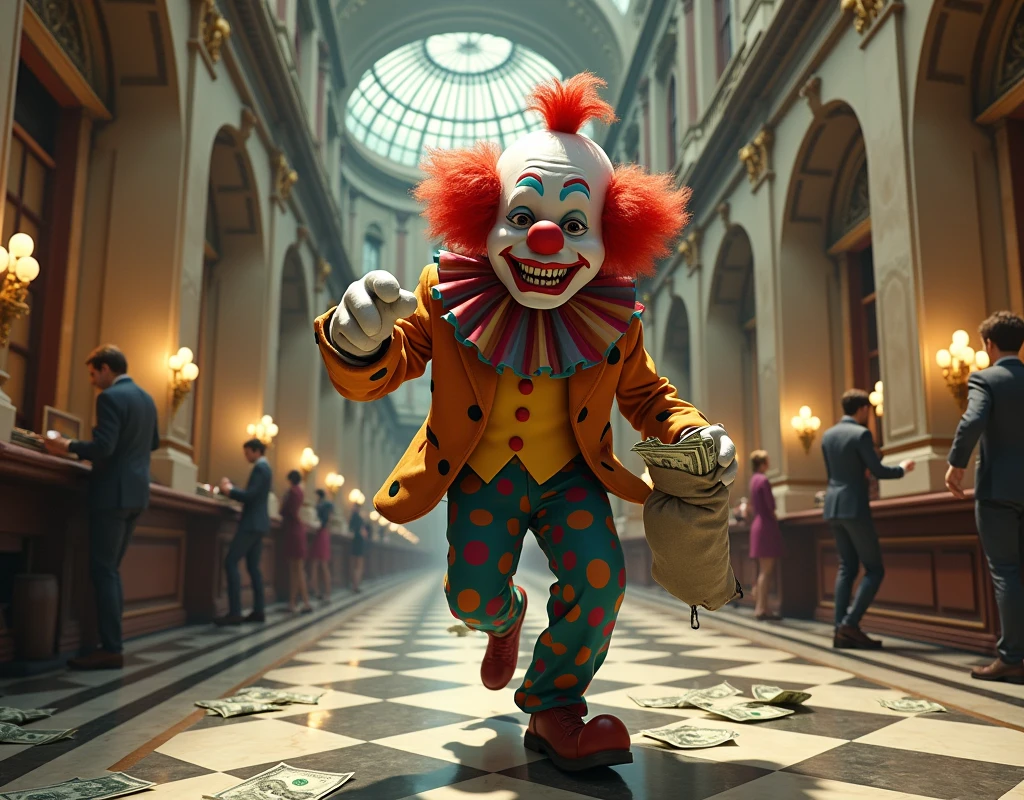 We need an image of a clown stealing from a bank and running away with dollars