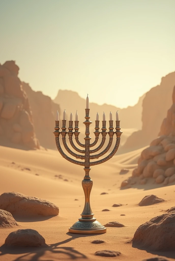 Image of menorah in a desert with stones