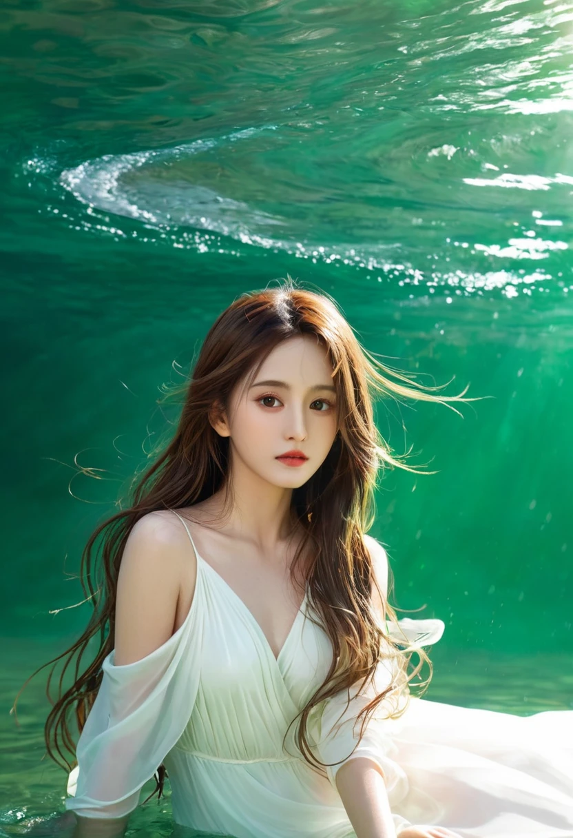 Girl in the water, Very long, flowing brown hair, Angel Wings, In the bright sea of emerald green、Draw an illustration of a white dress。Beautiful eyes。