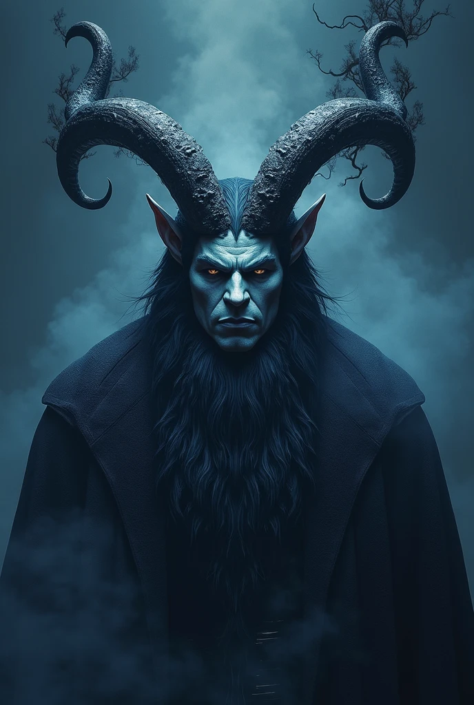 Create an image of a powerful, majestic deity with horns made of dark, smoldering black flames that appear to be erupting from its forehead, set against a rich, velvety dark blue background that gradiently human