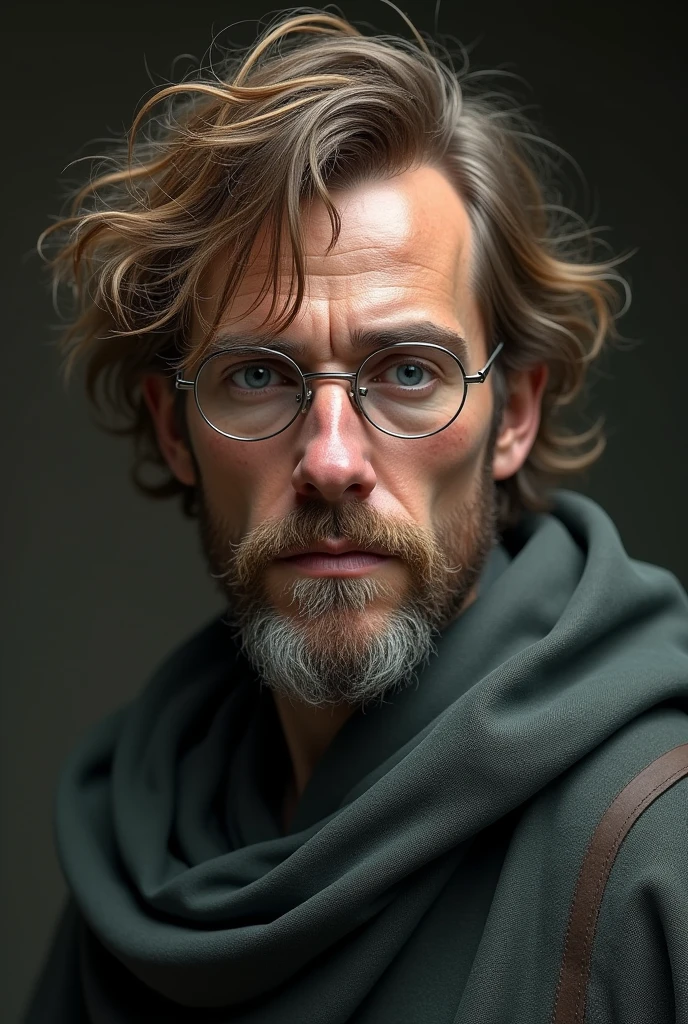 (photorealism:1.2), man with disheveled tousled short light brown hair and silver thin round glasses in a long wizard cloak no facial hair with few brown freckles no beard no mustache