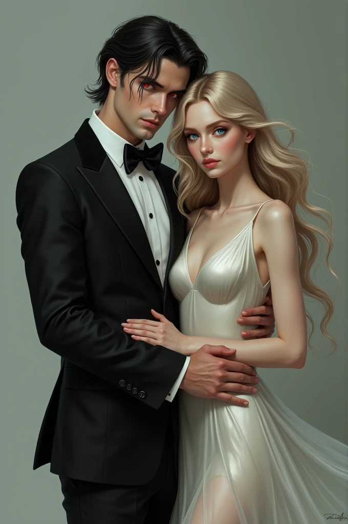 White skinned woman with blonde hair, blue eyes, medium build, thin arms, wasp waist, wide hips and wide legs wearing a pearl-colored dress together with a tall man with a toned body, black hair, white skin, deep red eyes, black pupil wearing a black tuxedo, her personality looks gloomy