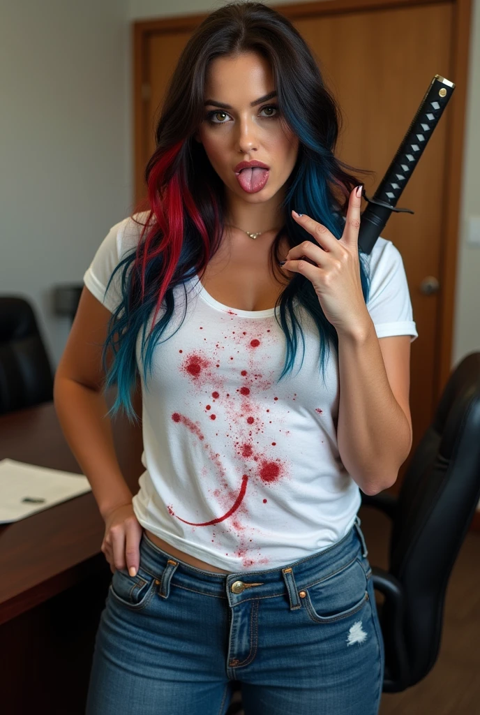 POV selfie of Lindsey Strutt, big breasts, brown hair, beautiful, gorgeous, stunning, ((single Japanese Katana carried on her back)), ((middle finger at the camera swearing)), sticking tongue out, windswept hair, red and blue highlights in hair, wearing a white tee shirt and jeans, blood on her clothes and skin, in her executive office