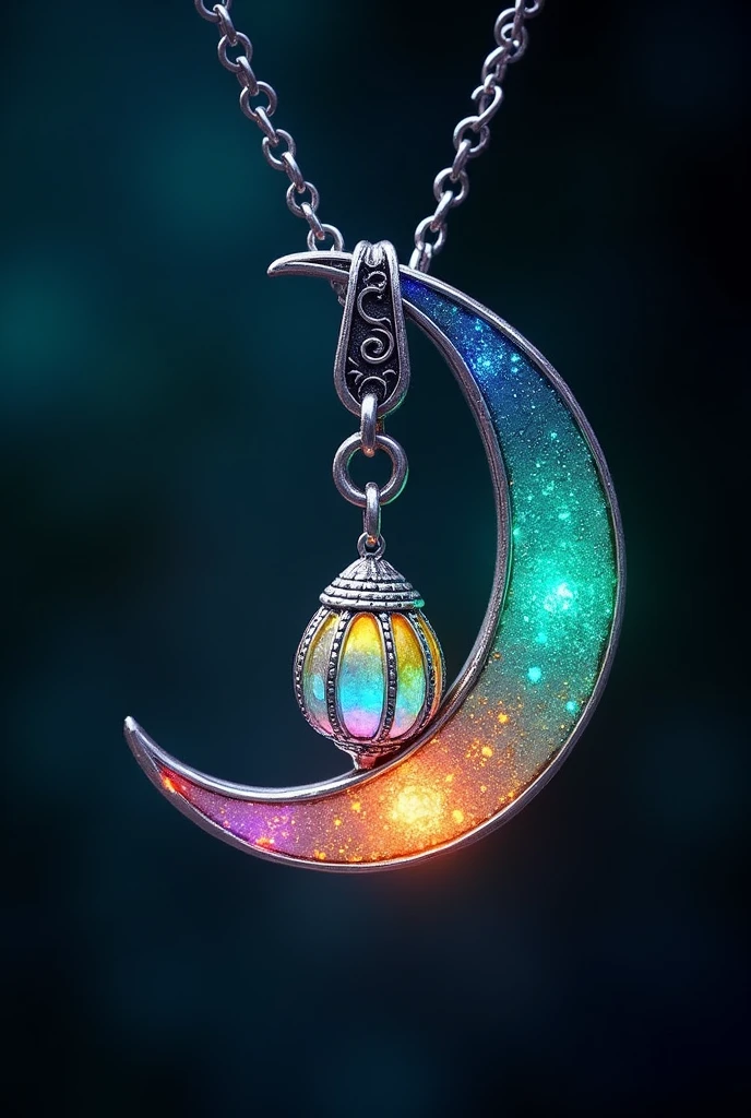 This is an enchanting crescent moon necklace, featuring a glowing, luminescent design. The crescent moon pendant is large and dominates the design, curving gracefully with a delicate filigree pattern that adds intricate detail to its surface. The crescent has a soft, radiant Rainbow glow that emanates from within, creating a magical and otherworldly effect. Hanging from the inside of the crescent moon is a small, spherical crystal or orb, encased in an ornate, silver metal cage. The orb also emits a faint Rainbow glow, harmonizing with the light of the crescent moon. The metal cage surrounding the orb is intricately designed, with delicate swirls and loops that add a touch of elegance and complexity. The pendant is attached to a fine, silver chain that complements the overall design. The chain is simple and unobtrusive, allowing the focus to remain on the glowing crescent moon and orb pendant. The overall aesthetic of the necklace is mystical and celestial, perfect for someone who appreciates unique, fantasy-inspired jewelry with a touch of magic.