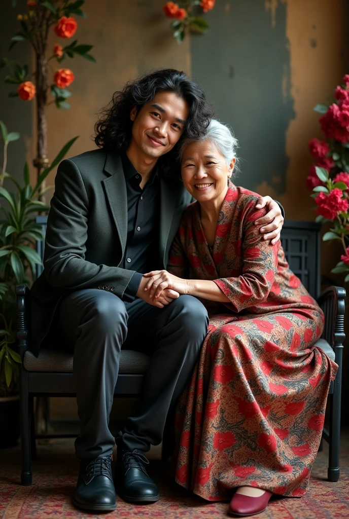 Photography of a 20 year old Asian guy with long curly hair wearing a cool jacket, trousers and shoes, hugging a 40 year old Indonesian woman sitting on a chair wearing a cool kebaya with a cool background.