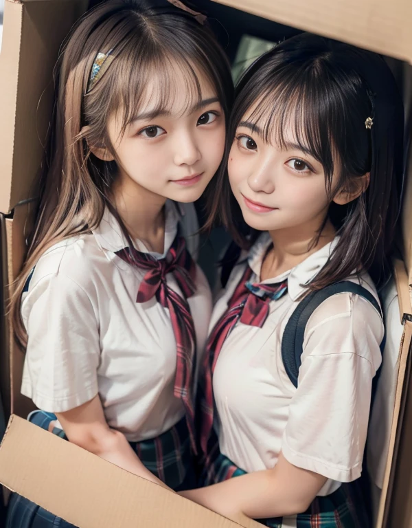 8k,masterpiece,Japanese,best quality, (schoolgirls:1.6), (kissing:1.3), (crowded box :1.5), reluctantly, (blush:1.1), (breasts:1.2)