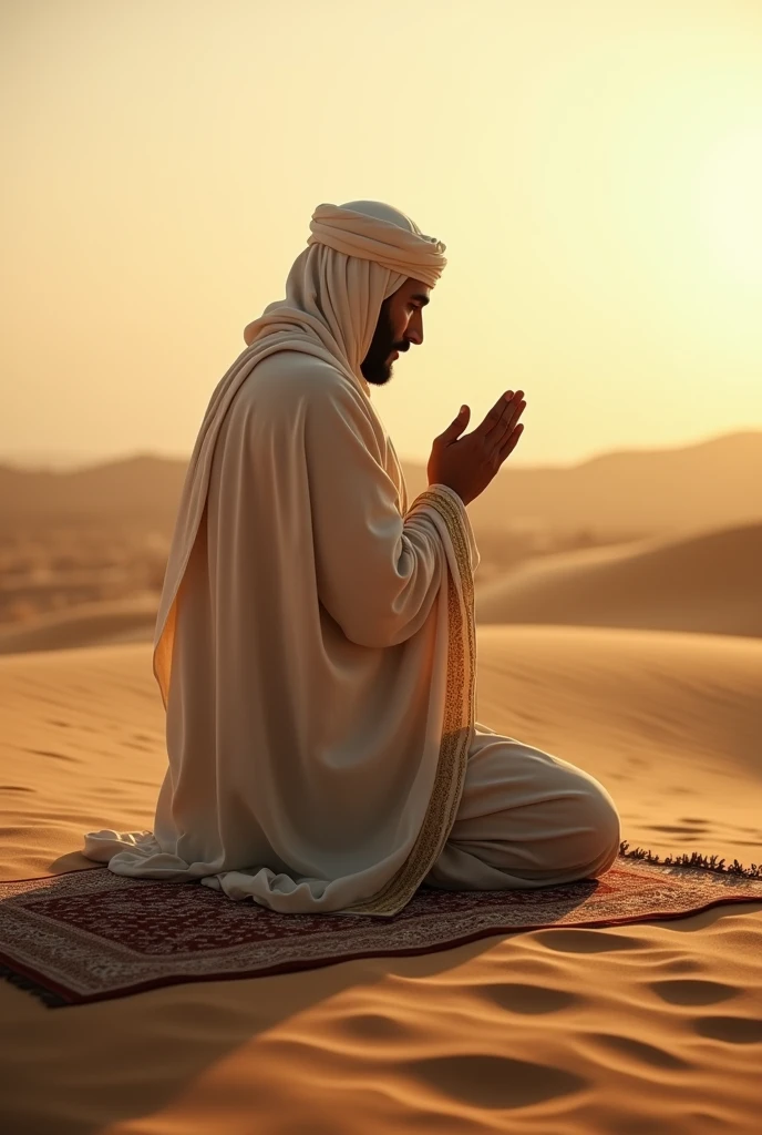 Man wearing Arab dress with mask in desert praying to Allah before sunrise