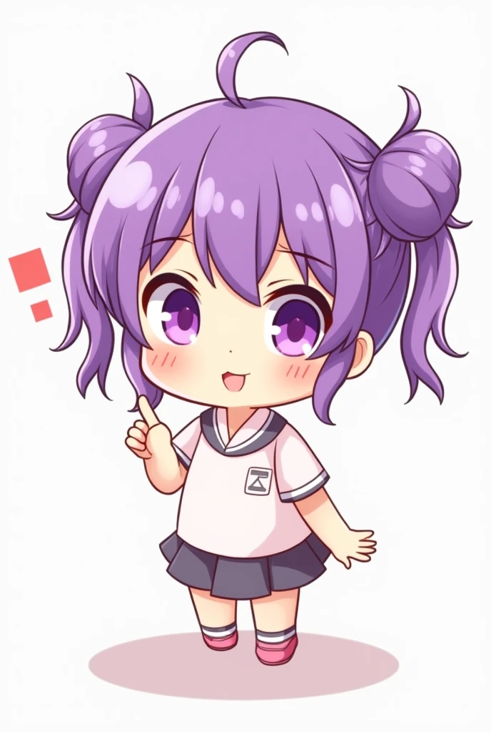 Chibi drawing of a cute purple-haired girl with purple eyes and finger pointing.