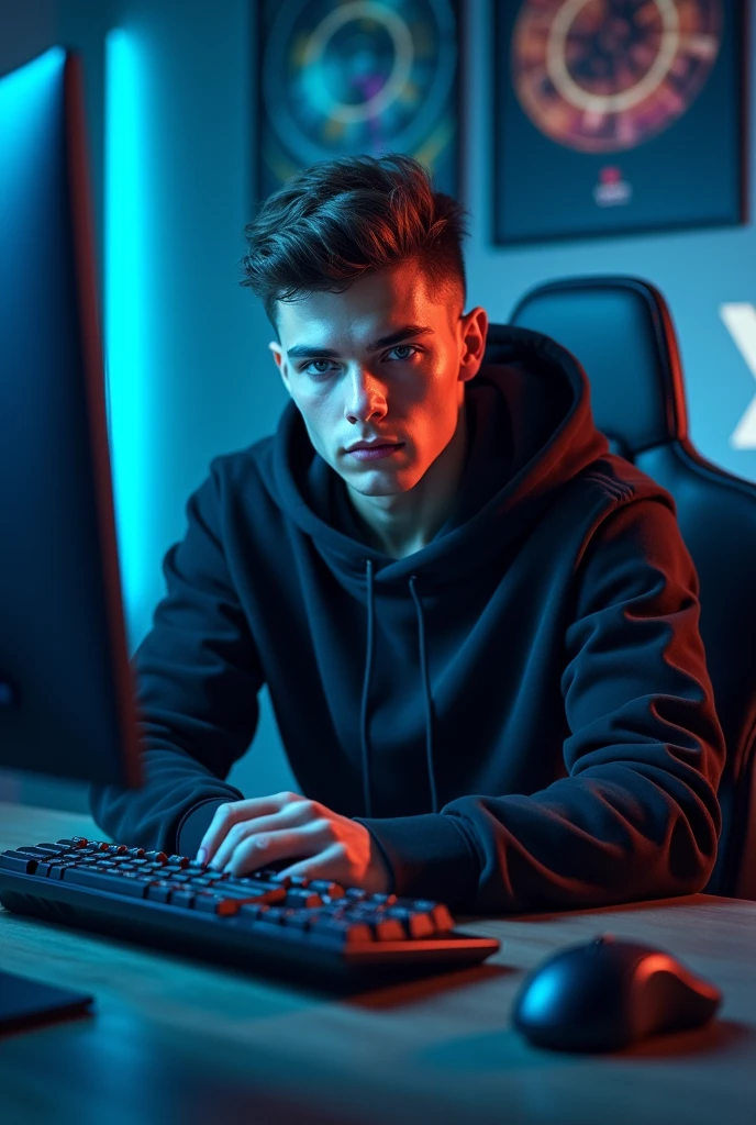 A handsome 2 young man is looking directly at the camera from a frontal perspective in a dark gaming room. The environment is illuminated by soft blue LED lights, casting a cool glow around him. He is sitting at a sleek gaming desk filled with high-tech equipment, including a gaming monitor, keyboard, and mouse. The background features various gaming posters and futuristic decor, enhancing the immersive atmosphere of the space. His expression is focused and engaged, reflecting the intensity of his gaming experience.