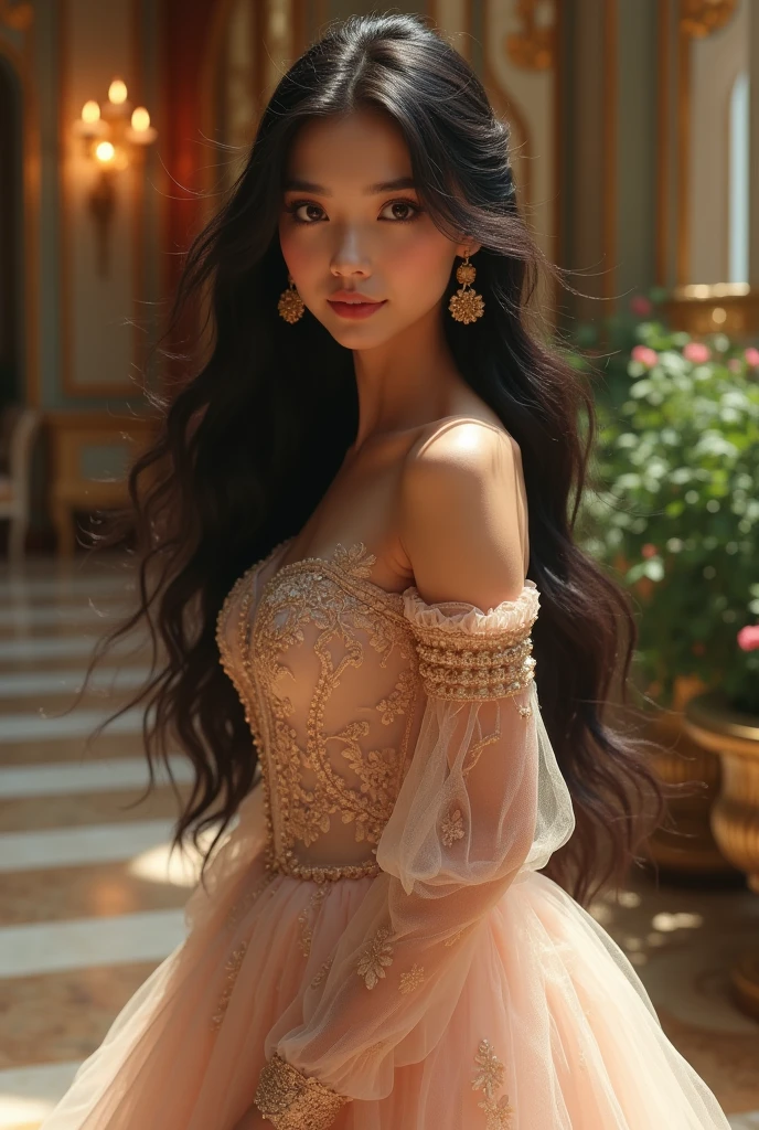 Create a video of a stunningly beautiful princess with long, flowing black hair, adorned with elegant golden earrings. She has soft pink lips, a gentle blush on her cheeks, and large, expressive black eyes. The video should show her in full body as she gracefully walks through a luxurious royal palace or garden, her elegant gown flowing with each step. The setting is richly decorated, enhancing the regal and enchanting atmosphere as the princess moves with poise and elegance."