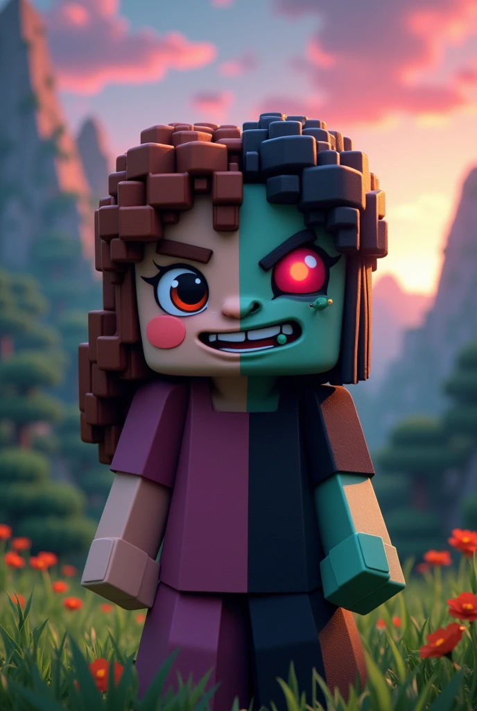 Creat a image of minecraft cute girl player she has 2 face 1 is cute girl and 2 is evil witch