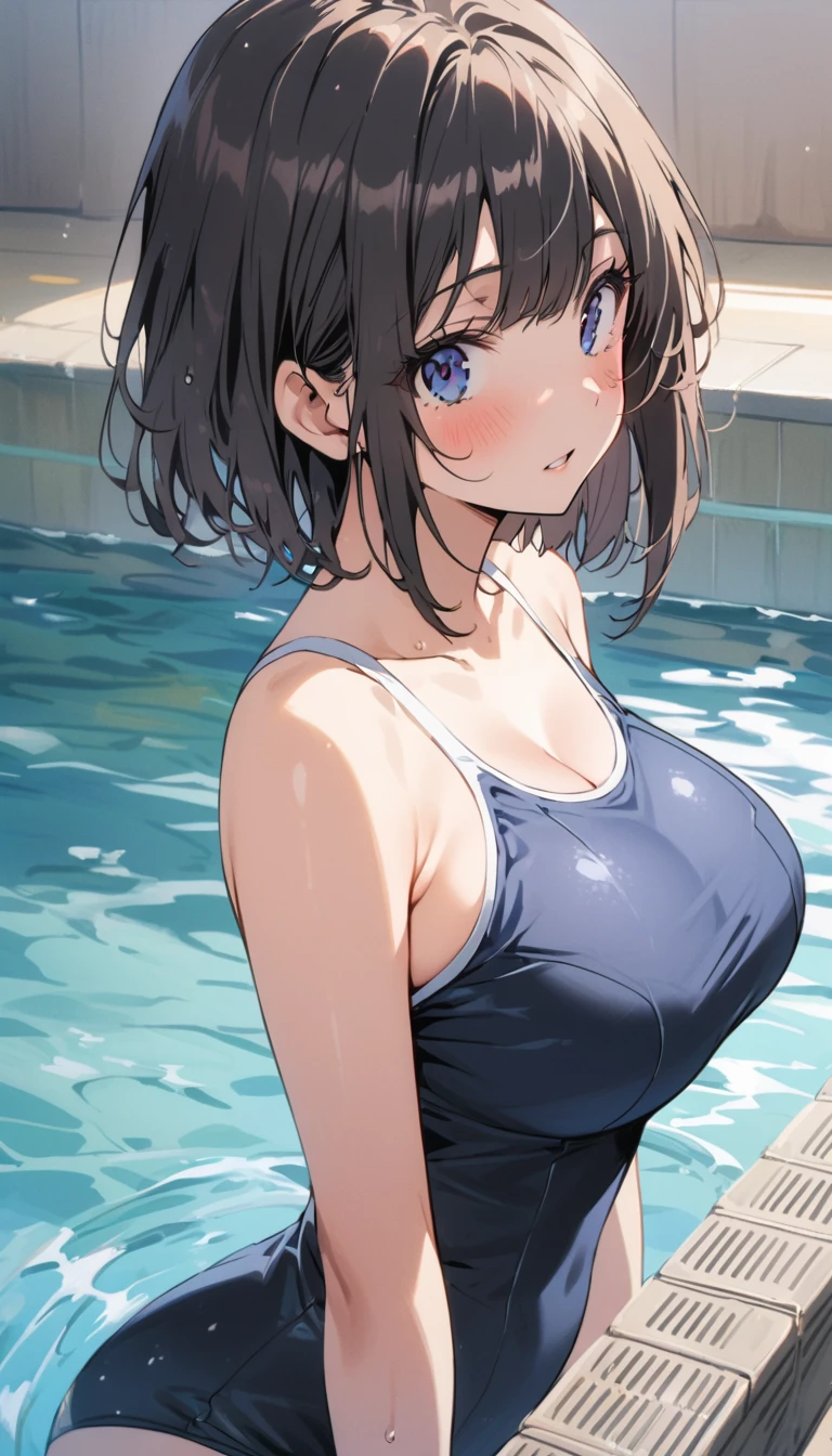 high school girl　beauty　Bobcut　Surprised　Embarrassing　blush　School Swimsuit　Big Breasts　Hide pubic hair with your hands　　Indoor swimming pool　Photograph the whole body