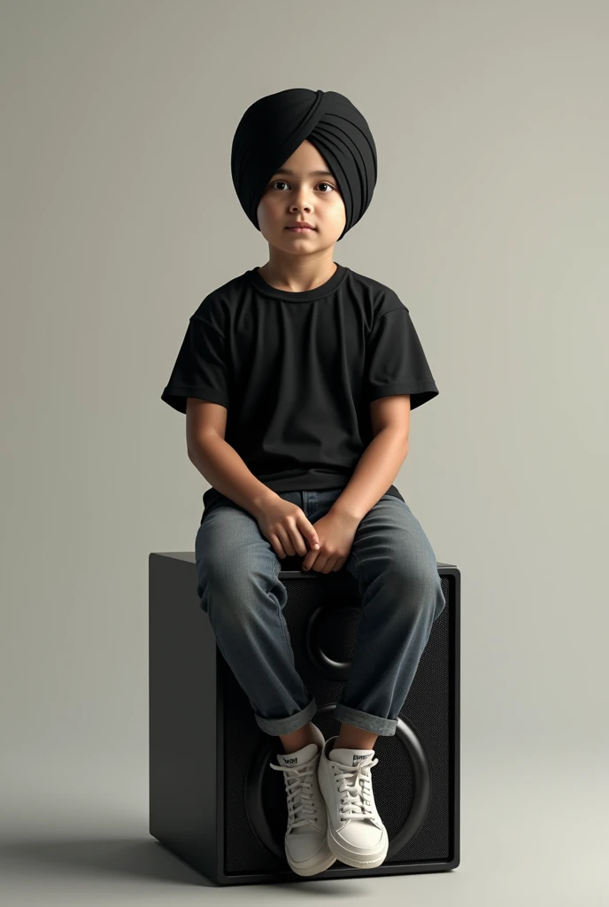 A sikh boy wear a black turban and sit on a party box speaker with wearing black tshirt