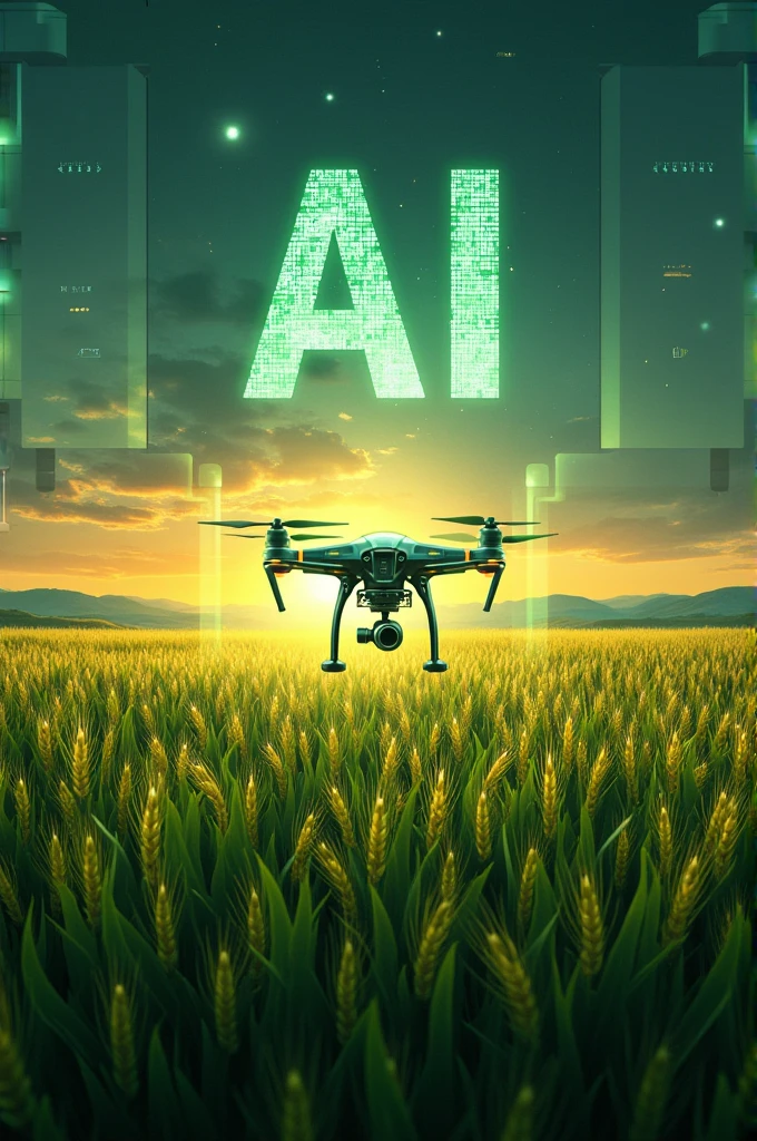 'AI in Agriculture'Design a book cover titled..' The cover should combine cutting-edge technology elements with natural farming landscapes... The background should give a vivid feeling.., A field where crops such as wheat grow luxuriantly, rice, Or corn. Nested in fields, Incorporate subtle digital or futuristic elements, such as circuit patterns., Binary code, Or a glowing grid symbolizing AI. in the middle, Depicts a stylized drone or robotic arm interacting with crops.., Showcasing the fusion of technology and nature. Modern use, Clean font in title, Use a color scheme that contrasts the natural greens and golds of the field with metallic or digital tones that represent AI.. The overall design should be professional.., eye-catching, Reflecting the innovative intersection of AI and traditional agriculture.."