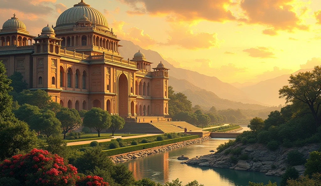 "A wide shot of Gandhara’s royal palace at sunrise, showcasing the grand architecture and lush gardens. The palace is bathed in golden light, symbolizing prosperity and peace." In comic style