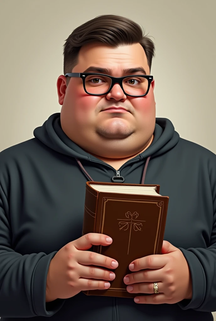Make a portrait of a fat young man,  with parted hair and square glasses holding a bible