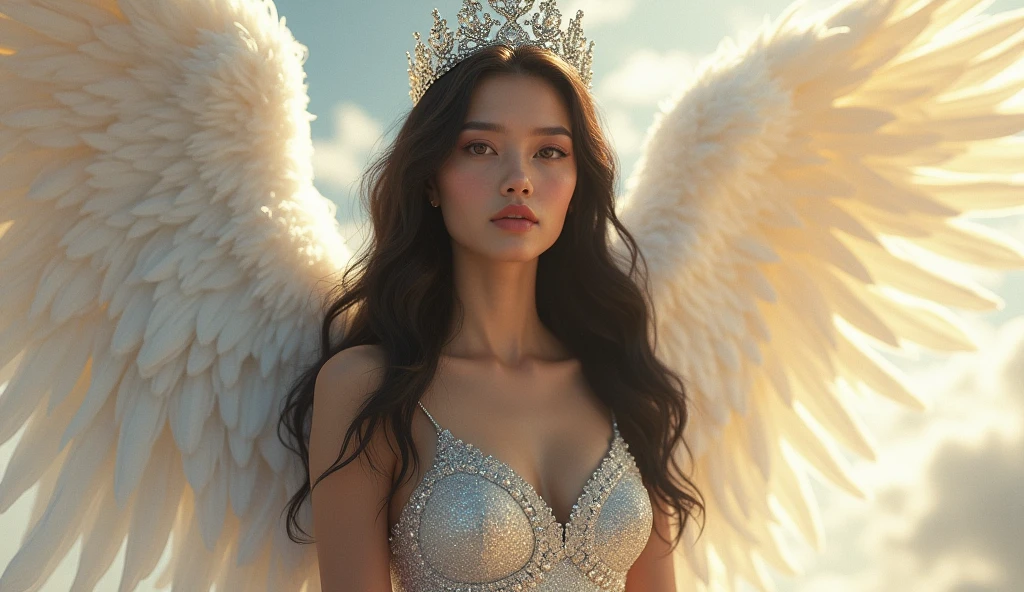 Picture of a beautiful young woman wearing a sparkling silver evening gown embellished with crystals. She is wearing a silver crown embellished with crystals as well. She is standing on a white cloud, with beautiful white feather angel wings spread out behind her. She has hazel eyes and long black hair. There is a faint golden light shining down from above, the atmosphere in the picture looks divine and elegant. A masterpiece., Highly detailed, high resolution, very detailed, high resolutionสุด, 