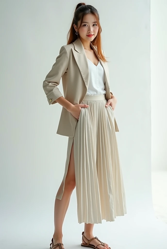 Flattery 8k
(Model)Thai women are confident and beautiful.++,
Hair tied in a ponytail with side swept bangs, long, beautiful golden brown hair, sharp and beautiful face
, Luxurious formal sports fashion, Modern Thai-inspired design,
Wear a blazer with a white shirt underneath.(The Rattle)+++ Blue White ,Beautiful stork in Thai style, sandals with straps
+Pleated skirt reflects modern life. White background inspired by Thainess ‹ and smile. Straight pose shows confidence and determination. Turn your back and look at the camera. Hands on hips. Smile confidently. Look straight at the camera. (Highly detailed) (Very realistic) ++ Realistic 8k smile a lot