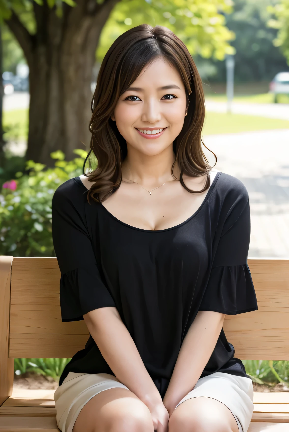 最high quality, In 8K, Masseter region, Genuine, Sharp focus, high quality, High resolution, Detailed face, fine grain, Thick lips, Background Blur, alone, Full body photo, Middle-aged women, , 6, , Wavy Hair, Cleavage, Wearing a plain short-sleeved knit, sitting on a park bench, Wrinkles around the eyes, Smiling with teeth showing