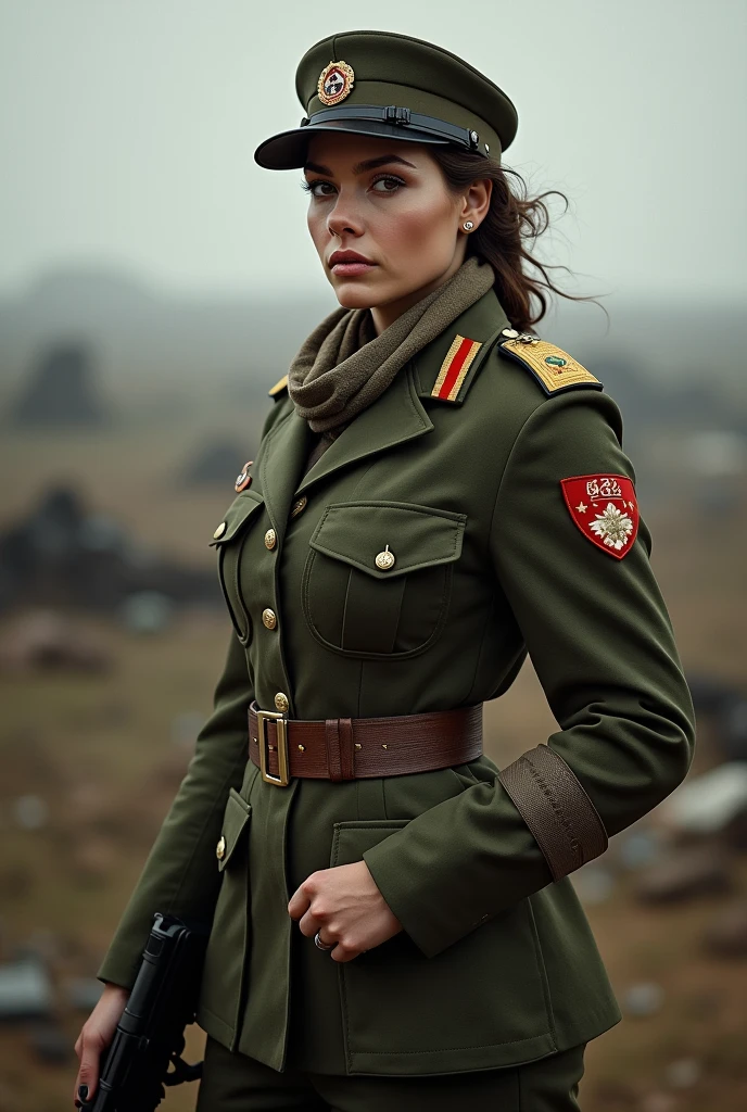 1 women, (australian soldiers), soldier uniform, detailed lines, gorgeous face, upscale:4x, gun, scarf in neck, medium boobs, war background,