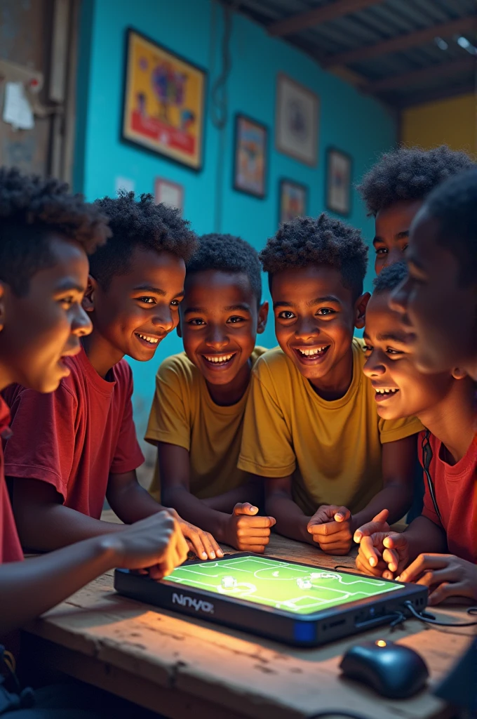 Somali boys playing the Konami efootball game and spreading the tables together