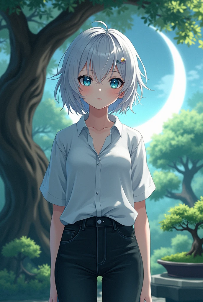 anime style, young adult woman, with blue right eye and green left eye, short white hair. 
Bella.
He is wearing jeans(black), blouse(white).
In a Japanese garden.
Behind a bonsai tree.
with the moon in the background.