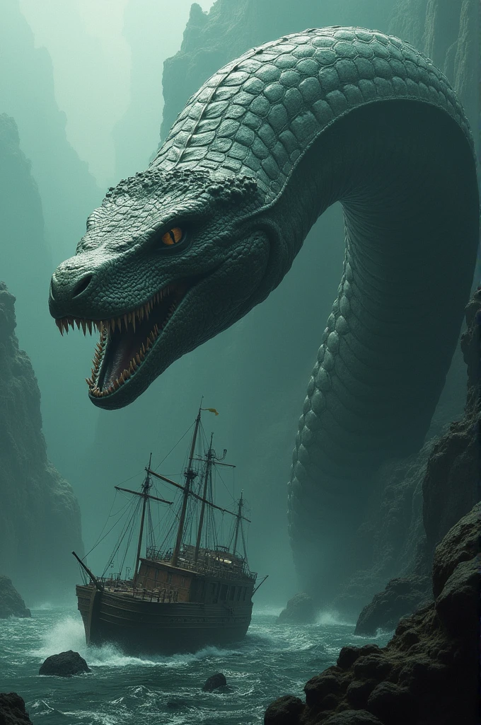 A titanoboa snake has sibered fully Armour loaded back water sea one injured ship
