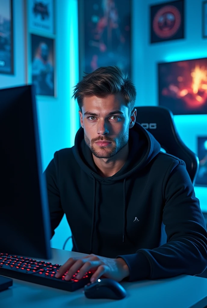 A handsome 2 young man is looking directly at the camera from a frontal perspective in a dark gaming room. The environment is illuminated by soft blue LED lights, casting a cool glow around him. He is sitting at a sleek gaming desk filled with high-tech equipment, including a gaming monitor, keyboard, and mouse. The background features various gaming posters and futuristic decor, enhancing the immersive atmosphere of the space. His expression is focused and engaged, reflecting the intensity of his gaming experience.