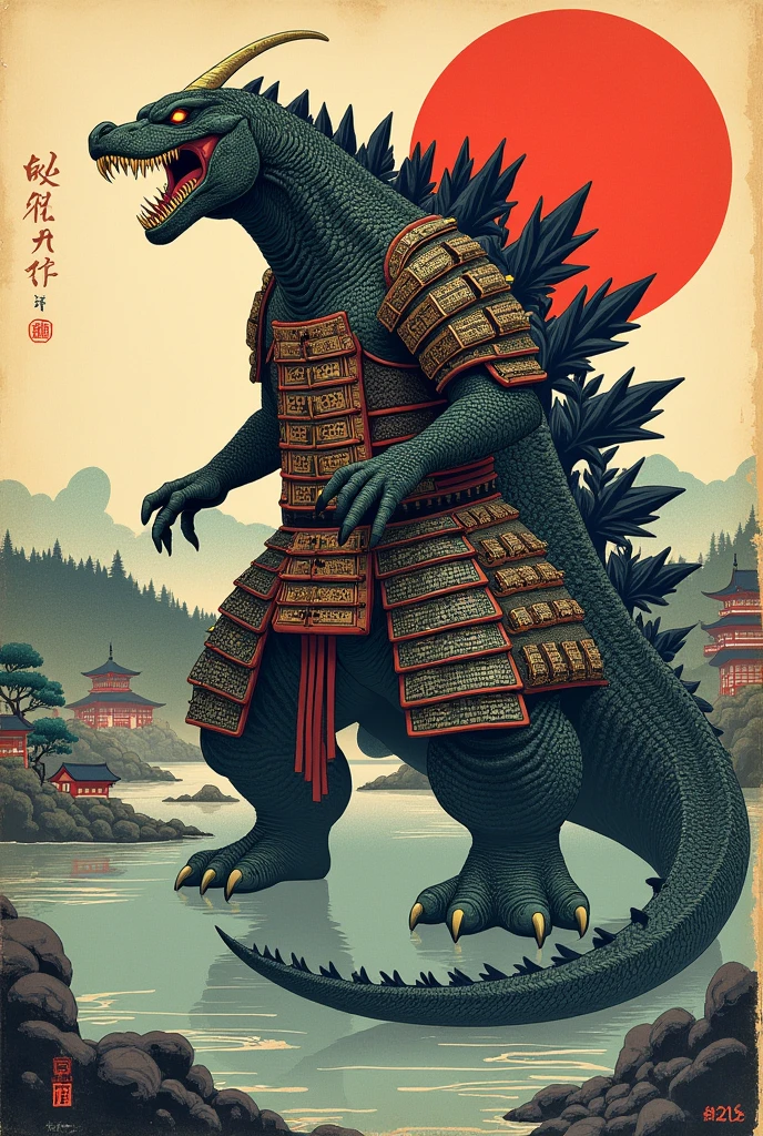 Ukiyo-e style Godzilla with a kendo armor called bogu on