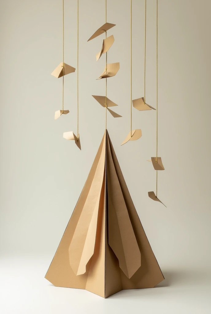 Create a pyramid-shaped Christmas tree out of cardboard with 5 flags hanging from gold thread