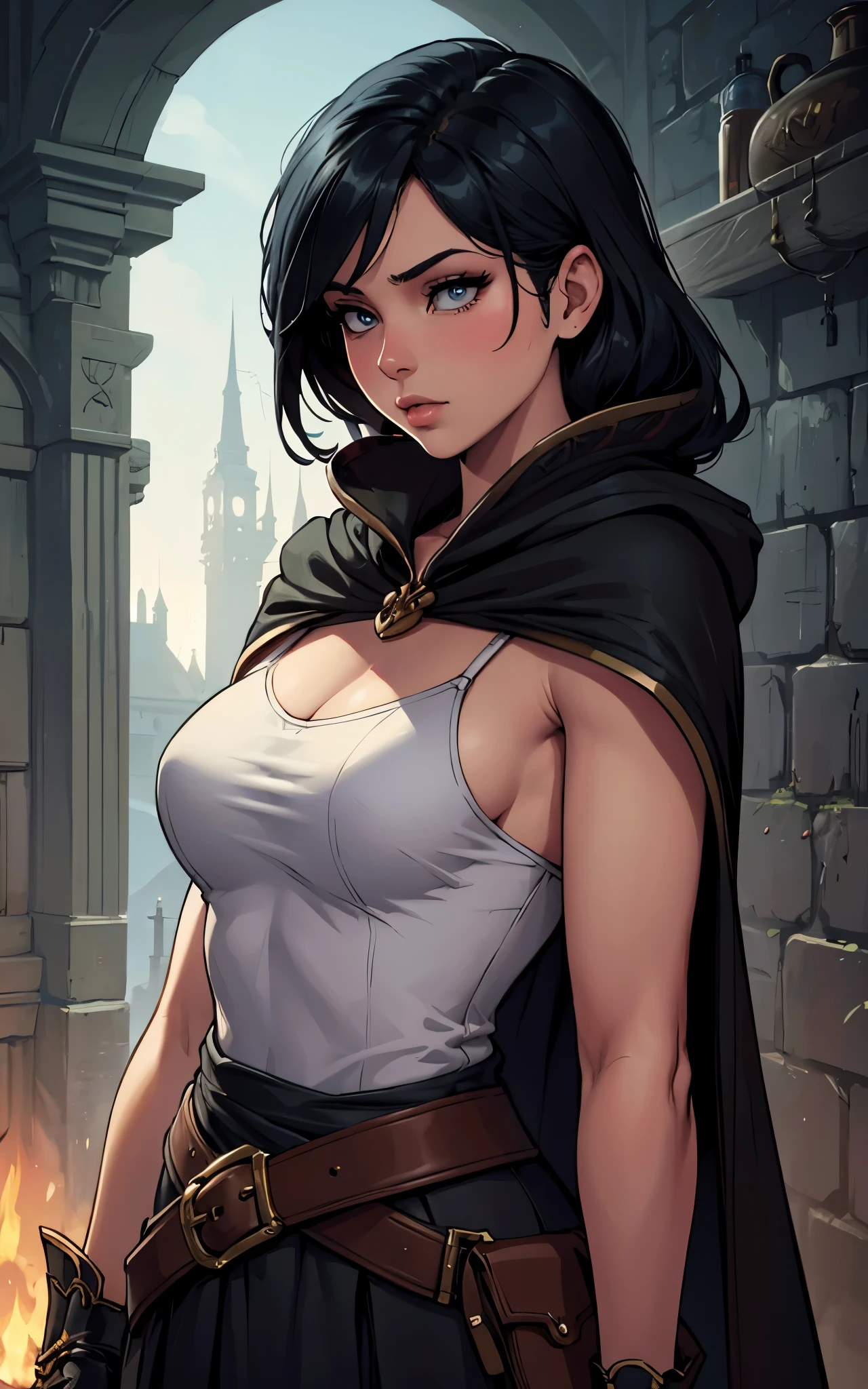 beautiful young woman, 1, black hair, assassin, black cloak, fantasy, intricate, highly detailed, masterpiece, by greg rutkowski:artgerm, leather, ((upper body)), night background, 