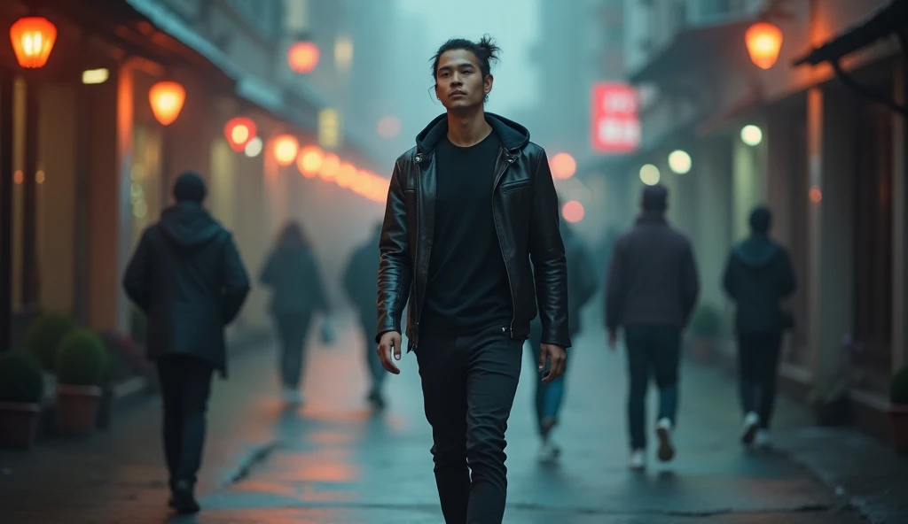 Tall, slim Asian man with slender build and tied-up hair., Wear a black T-shirt., Leather hooded jacket, Black jeans and white sneakers. Walking on the sidewalk, Dramatic street lights, With a mysterious foggy city scene, Other pedestrians walk past in the distance.. Other pedestrians move, creating a blurry effect., But the high details of the main model