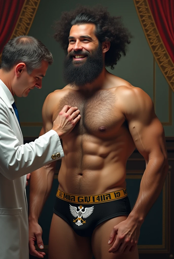 Smiling strong hairy bearded mixed race man wearing underwear printed with a black and white flag with a double-headed eagle and a crown, holy roman empire, prussia, Austria, austro - hungarian, of the Duchy of Lithuania, imperial russia, [ digitl art, German, Biedermeier, Napoleonic, vienna secesion style, Ottoman Empire, Germany, Royal insignia in the background, imperial military. written in capital letters “GUAJIRO” in large letters on the elastic of the underwear. Examined by a doctor.