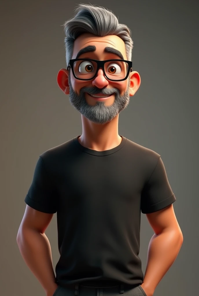 Cartoon character of a middle-aged white man with short hair pinned behind, wearing black glasses. Stylized character, animation style rendering, 3D stylized, Arnold Maya render, 3D stylized render, toon render Keyshot, 3D character, 3D stylized rendering, cartoon character, character close-up, character pose, Pixar style, high quality, cinematic lighting, sharp focus, detailed texture, detailed skin, clay, bokeh, 8K. The man should have the following characteristics: Middle-aged man with a strong body, hands casually relaxed. His skin tone is dark brown with a warm undertone. He has two prominent vertical wrinkles between his eyebrows. His beard has white hairs on the chin while the rest of the beard is black and gray. His hair is shaved on the sides and short on top, styled to the side. He wears modern black glasses. His eyebrows are thick and well-defined, and his eyes are brown, conveying warmth and friendliness. The man is dressed in an oversized black t-shirt and dark gray pants without a belt. Incorporate the following ancestry characteristics: 100% from Germany.