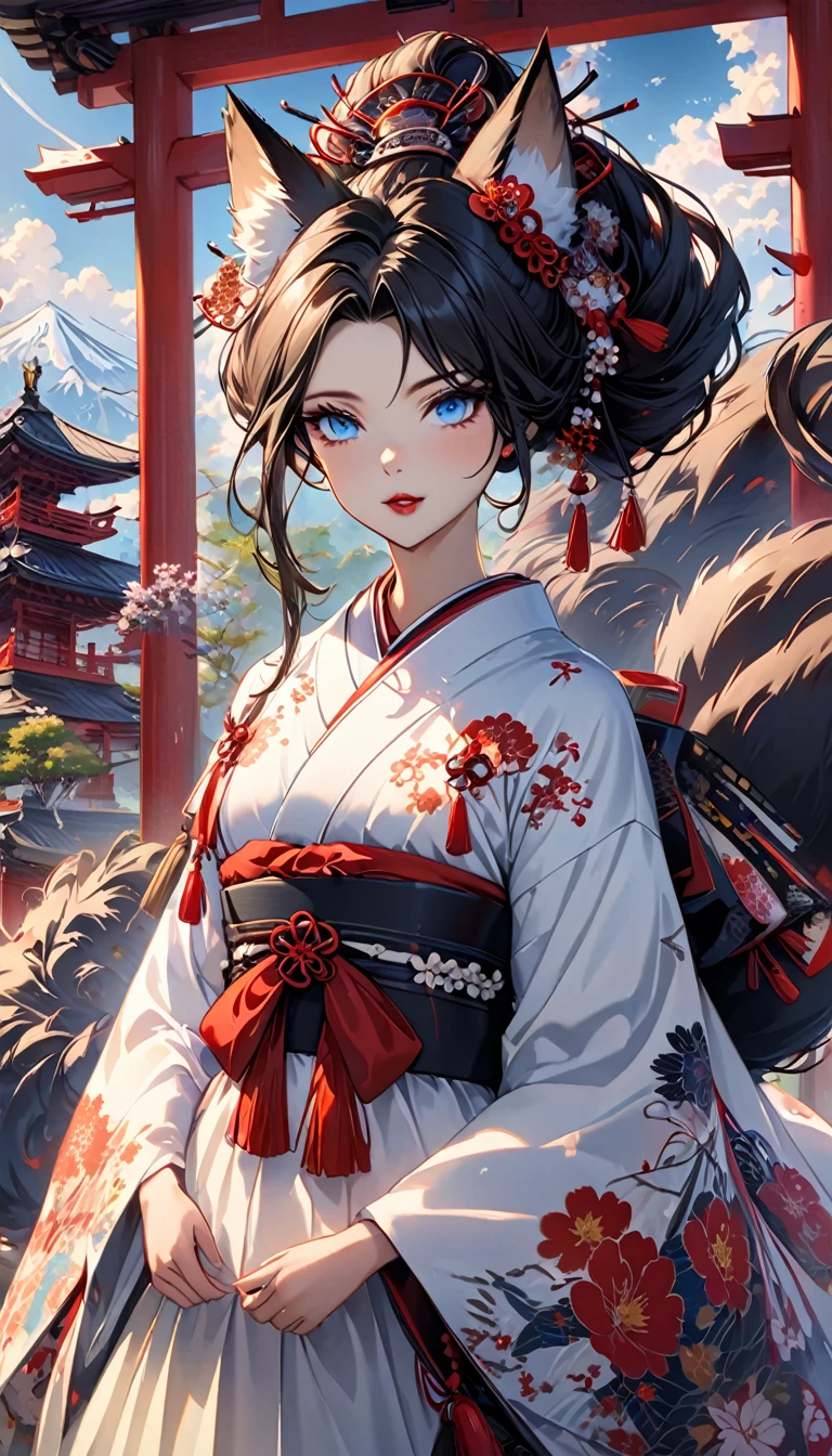 Ink painting, (((1 girl))), (((Tattoo in the middle of the forehead))),(((In the background is the Akatsuki moon))), (((Oiran))), (((Great hair accessories))), Demon possession, ((Masterpiece:1.2)), ((Highest quality)), Extremely detailed and delicate illustration style, Detailed leather texture, Detailed canvas texture, Very detailed description, (Masterpiece T), Extremely beautiful illustration, Highly detailed face, Raw image, professional, Ultra-high resolution panel, Complex details, Superior detail, Intricate decoration details, Perfect anatomy, real, (Very beautiful and cute black and white colored fox woman or girl with blue eyes wearing kimono), ((آذان الثعلب black hair, White hair, multicolor, the beautiful)), (Beautiful black and white colored fox tail), (black hair, White evil, Beautiful and shiny), (((She has claws on her hands.))), (((She has long fangs.))), (Beautiful and clear blue eyes), (Beautiful detailed eyes:1.6), (Traditional black and white detailed costume), Front view, White flower kimono, Black white colorful hakama long skirt, A maxi skirt, Modestly dressed, He smiles, ((Standing and looking at me)), ((The day)), (Extremely detailed and beautiful Japanese temple construction), (8K Highest quality wallpaper), (Extremely detailed and delicate background)