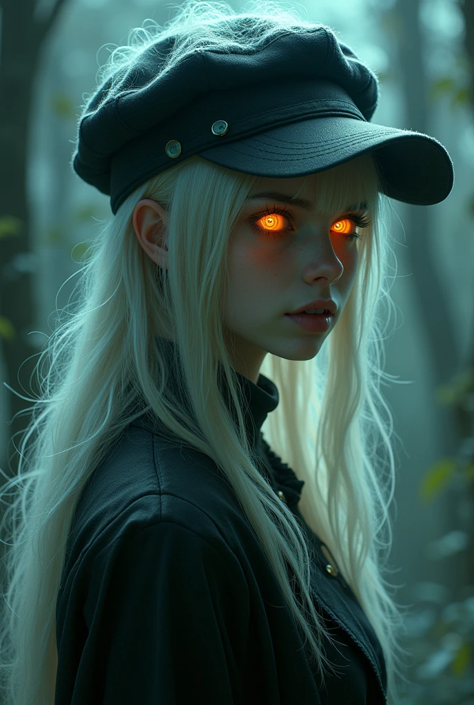 Gemera is a girl with long, straight hair and light lime-colored skin that is very light and even pale.. Let their eyes be orange but in the shape of aspirals and bright, He dresses in a somewhat gothic way and has a black cap that has a ghostly aura.. Let it be mysterious and scary, let it have a haunting smile. She is 20 years old she is a ghost 

