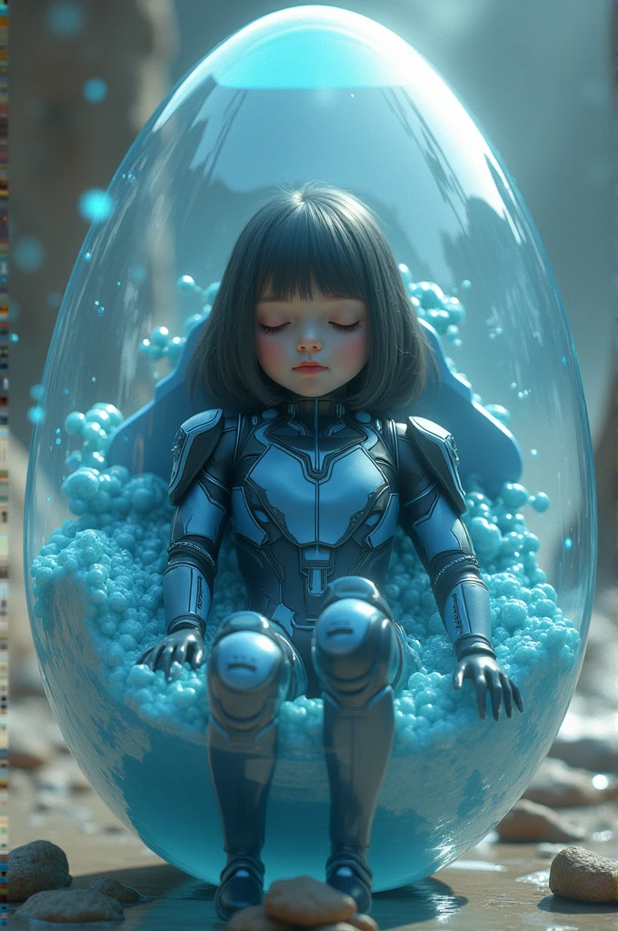A girl came from space wearing a blue and black mecha suit . Sleeping in a egg like transparent shell with jelly filled inside . 